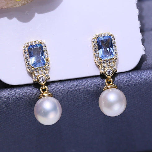 Clear Blue Zirconia Pearl Earrings - Gold vermeil / Sterling Silver
